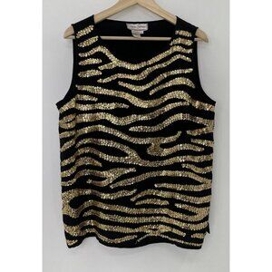 Vtg Diana Gilman Sleeveless Gold Sequin Black Silk‎ Blouse Size Large